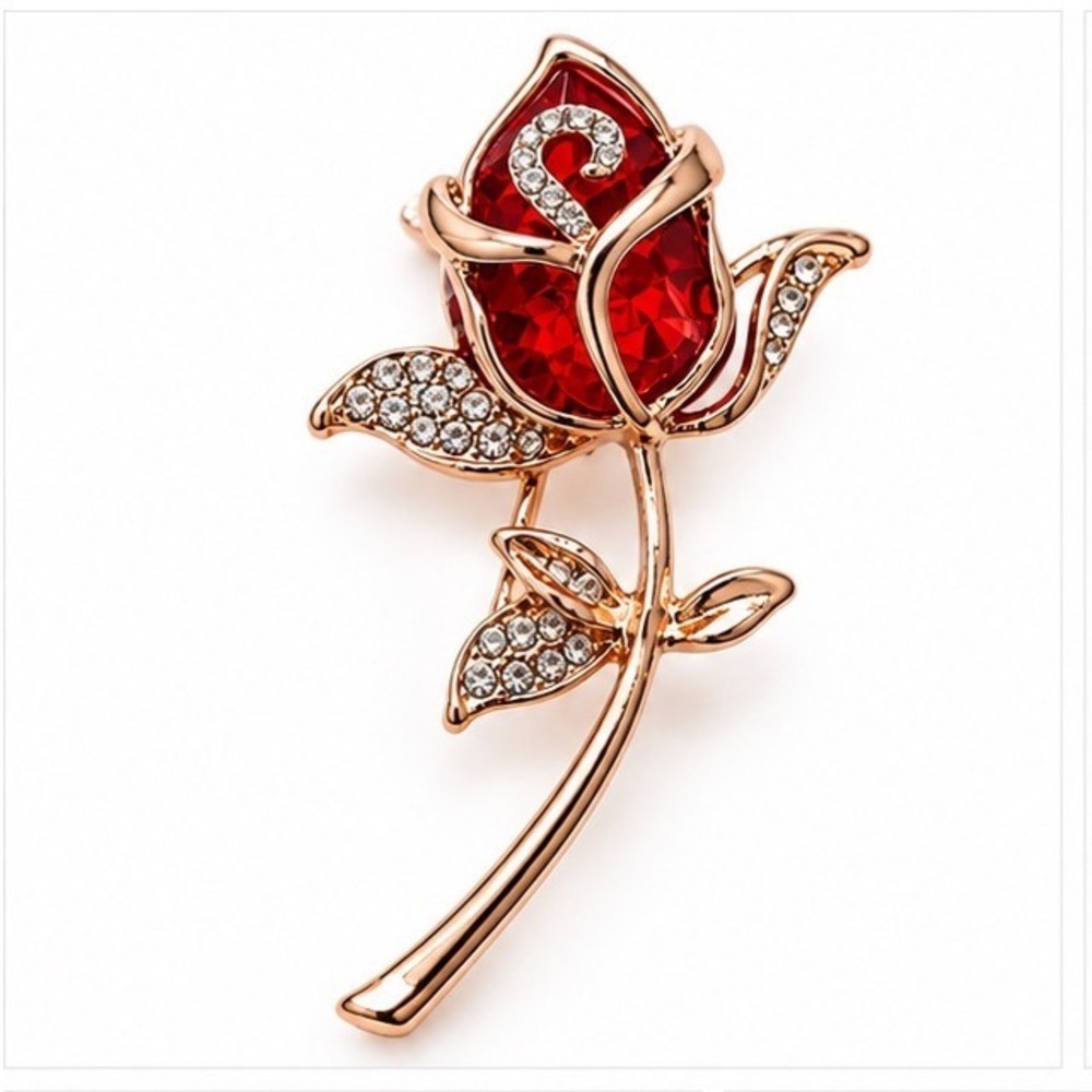 Crystal Rose Flower Brooch Rose Gold Tone Rhinestone Floral Pin Accessory